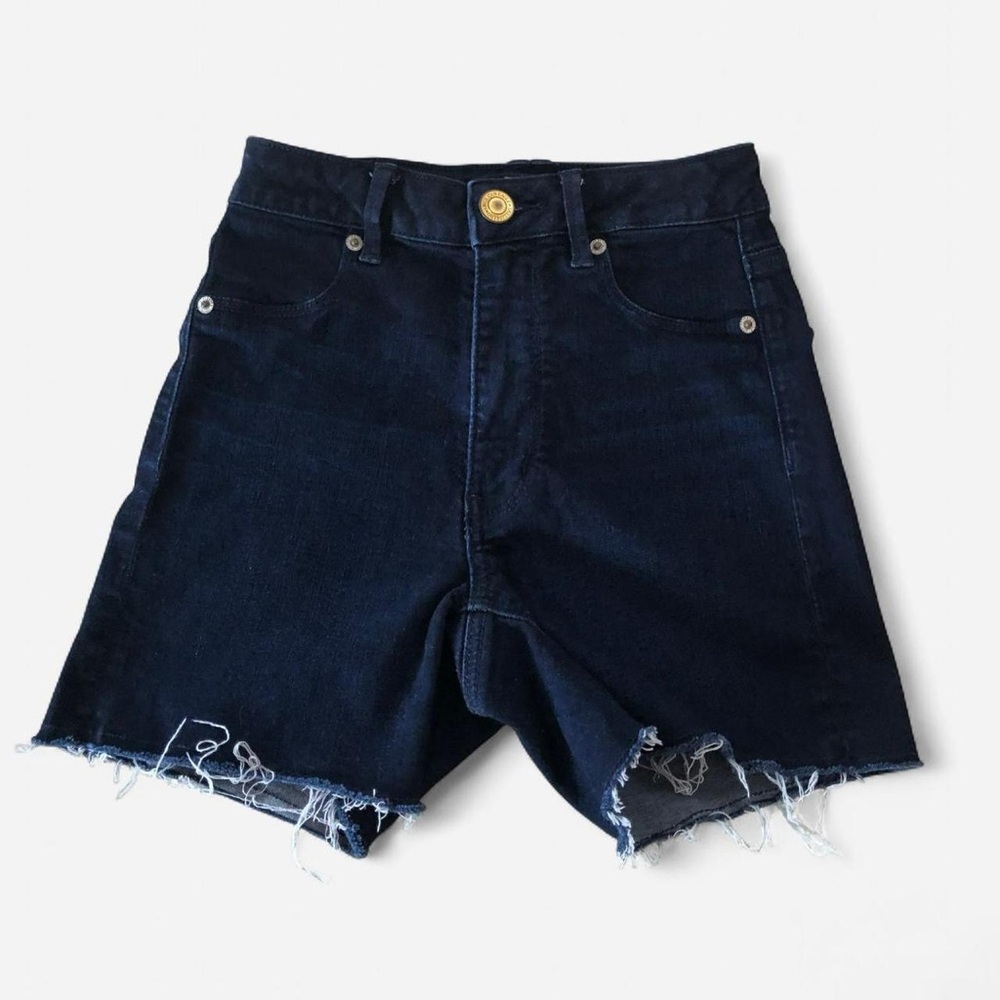 American Eagle High Rise Navy Blue Jean Shorts Distressed Frayed Hem Women’s 0